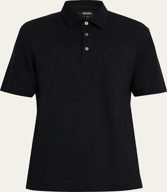 Ermenegildo Zegna Mens Cotton Polo Shirt with Leather-Trim Pocket