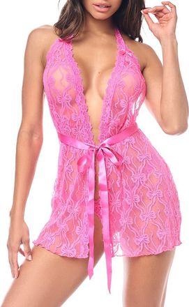 Mapal&eacute; Bow Lace Babydoll Chemise & Thong Set in Pink at Nordstrom, Size Small