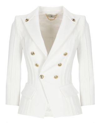 Elisabetta Franchi Ivory Double-Breasted Logoed Blazer
