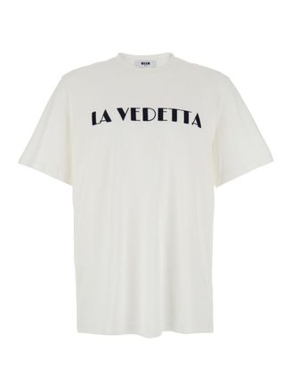 Msgm White Crewneck T-Shirt With Print On The Front In Cotton Man
