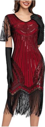 Generic Sequin Dress 1920s Flapper Dress Vintage Beaded Gatsby Flapper Evening Prom Roaring Dresses Sequin Fringe 20s Speakeasy Party Theme Dresses Costumes C