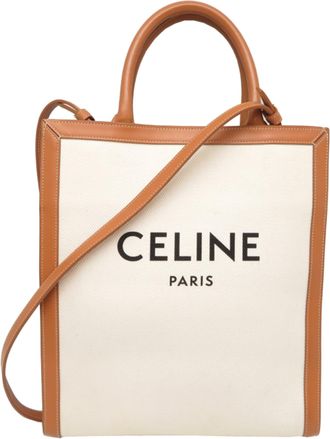 Celine Brown Ivory Canvas Leather Tote Bag (Pre-Owned)