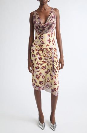 Paco Rabanne Chain Mail Floral Ruched Cowl Neck Dress in Flower Trims Cream/red at Nordstrom, Size 42