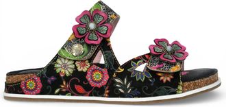 Laura Vita Laura Vita Dames Brcyano 32 Zwarte Leren Sandalen met Bloemenprint en Bandjes