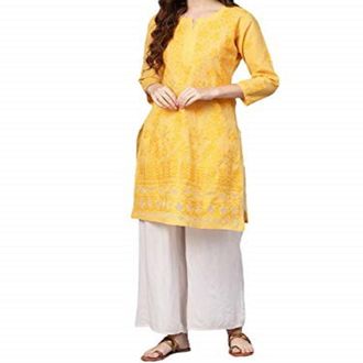 Generic TFGO Women Chikankari Cotton Net Embroidery Kurta Lucknowi Work Readymade Dress Top (UK, Alpha, L, Regular, Regular, Yellow)