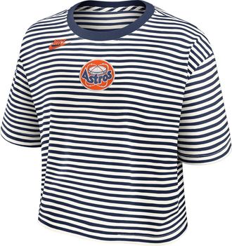 Nike Houston Astros Cooperstown Logo Striped Nike Womens MLB Cropped T-Shirt in Blue | 048P0H7OHST-YLT