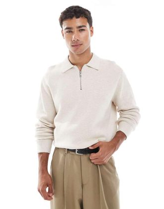 Jack & Jones Premium - Polo in maglia color crema a maniche lunghe con zip corta-Bianco