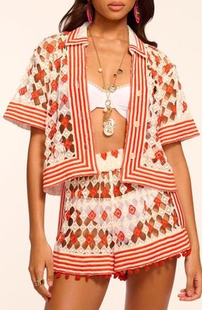 Ramy Brook Betty Crop Open Stitch Cover-Up Shirt in Flame/Sandstone Crochet at Nordstrom, Size X-Large