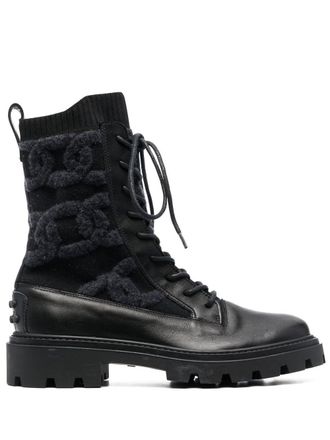 Tod's shearling-logo combat boots - women - Polyamide/Spandex/Elastane/Rubber/Virgin Wool/CALFSKIN/CALFSKIN - 36.5 - Black