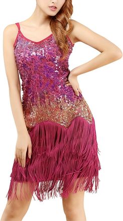 Generic Women Sequins Tassel Latin Dance Dress 1920s Flapper Fringed Latin Ballroom Dance Costume Round Neck Spaghetti Straps Prom Practice Performance Dress 