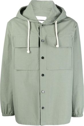 Jil Sander logo-patch hooded shirt jacket - men - Cotton - 46 - Green
