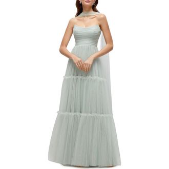The Dessy Group Strapless Tiered Tulle Gown in Willow at Nordstrom, Size 18