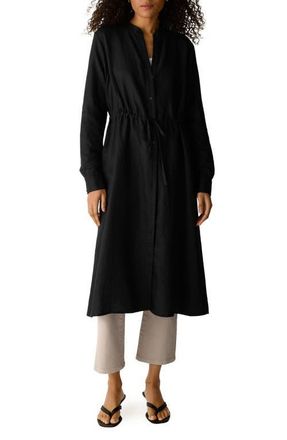 Eileen Fisher Mandarin Collar Long Sleeve Organic Linen Midi Shirtdress in Black at Nordstrom, Size X-Small
