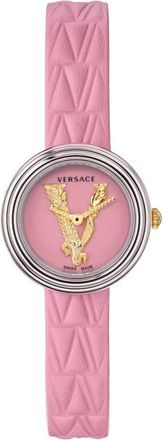 Versace Virtus Mini Roze Leren Horloge - Dames - Horloges - Roze - ONE Size - Accessoires