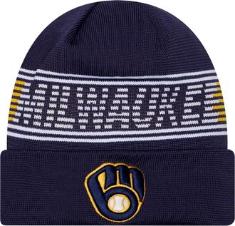 New Era Unisex-Adult MLB Authentic Collection Primary Logo Wordmark Cuffed Beanie Cold Weather Knit Hat, Milwaukee Brewers - Navy, One size