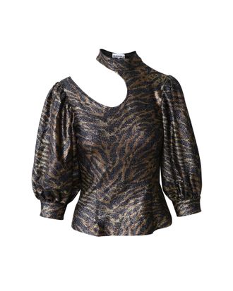 Ganni Ganni Tiger Print Puff Sleeve Lurex Knit Top in Multicolor Polyester