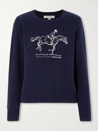Sporty & Rich Pullover In Cotone Con Logo Ricamato - Blu