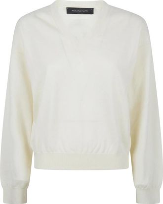 Fabiana Filippi Wollen trui met V-hals - Dames - Ronde hals truien - Wit - XS - Wol - Truien & Vesten