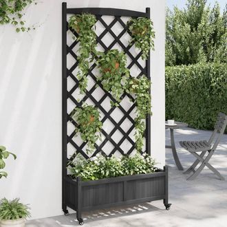 Berkfield Home Planter with Trellis & Wheels Black Solid Wood Fir