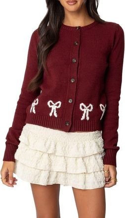 Edikted Rona Intarsia Bow Cardigan in Burgundy at Nordstrom, Size X-Large