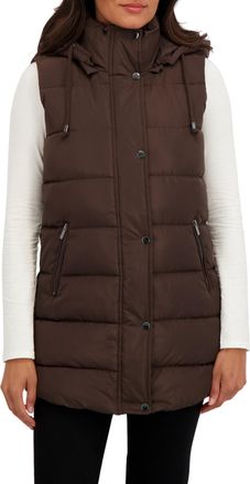Sebby S.E.B Womens Long Puffer Vest, Quilted Faux Down Filled Hooded Vest for Fall and Winter, Brown, M