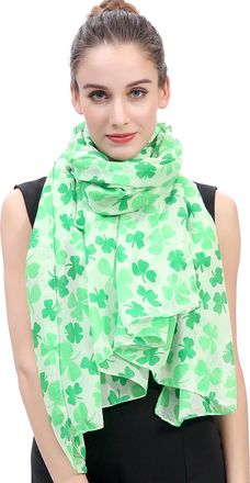 Lina & Lily Clover Shamrock Print Womens Scarf Shawl Wrap Lightweight St Patricks Day (Green/White)