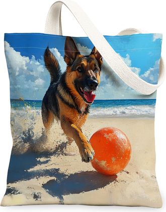 Generic Summer Poodle Dog Canvas Tote Bag for Shopping 13x15, Beach Coastal Beachy Puppy Reusable Grocery Print Bag for Women, Fun Pet Beach Aesthetic Paintin