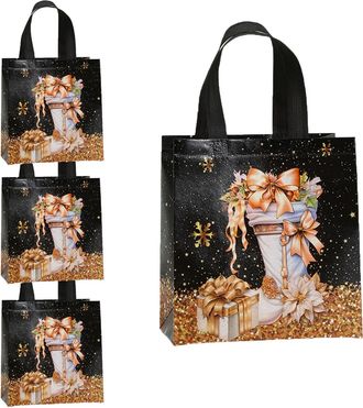 Generic 4pcs Large Christmas Tote Bags for Presents, 23 x 11 x 22 cm Tote Bags with Handles, Non-woven Bag - Gold Pattern on Black Background, Reusable, for C
