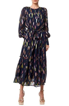 Ciebon Eryn Metallic Print Tie Waist Long Sleeve Maxi Dress in Navy at Nordstrom, Size Small