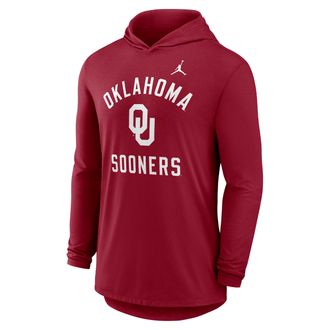 Nike Jordan Mens Oklahoma Campus Arch Jordan Brand Dri-FIT College Long-Sleeve Hooded T-Shirt in Red | 0JNB69WOKN-SSR