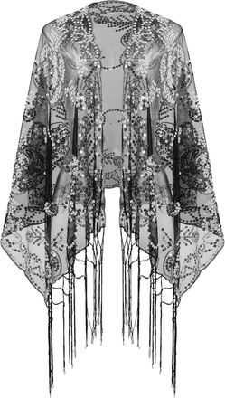 Babeyond 1920s Sequined Shawl Wraps for Women Fringed Evening Cape Wedding Bridal Shawl Scarf for Evening Dresses Party, N-black Silver, One Size