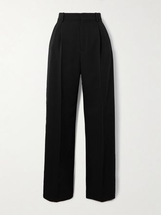 Saint Laurent Pantaloni A Gamba Dritta In Lana Grain De Poudre Con Pinces - Nero