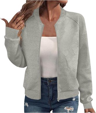 Generic Bomber Jackets For Women Uk Casual Long Sleeves Lightweight Flight Jacket Jacquard Full Zip Up Coats Plain Cardigans Comfy Loose Baseball Jacket Outwe