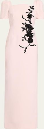 Teri Jon Floral Applique Crepe Column Gown