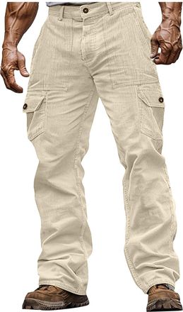 Generic Corduroy Cargo Trousers for Men Button Relaxed Fit Casual Trousers with Multi Pockets Comfortable Outdoor Cargo Pants Outdoor Daily Wear Autumn Winter