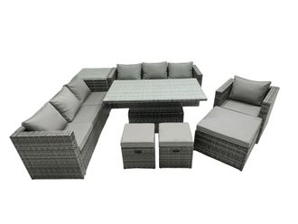 Fimous Rattan Lounge Sofa Rising Dining Table Set &Side Table 3 Footstool in Dark Grey
