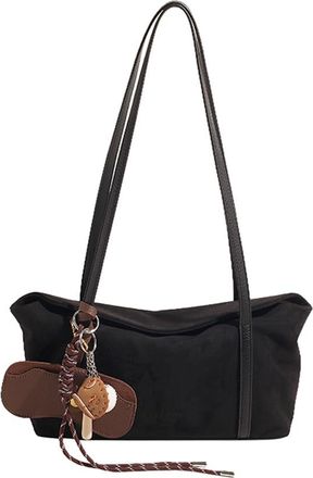 Generic Women Suede Shoulder Bag with Inner Pocket Flap Underarm Bag Large Capacity Retro Handbag Solid for Work Travel (Black)