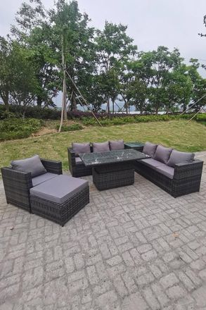 Fimous 8 Seater PE Rattan Corner Sofa Set Rising Adjustable Dining Table Set High Side Coffee Table in Dark Grey