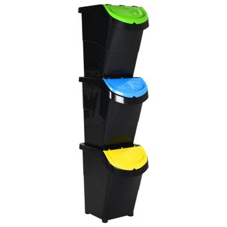 vidaXL Cubos De Basura Apilables Con Tapa 3 Uds Pp Negro 120 L Vidaxl