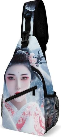 Generic Geisha Snowy Fuji-mountain Cherries Blossoming Mens Crossbody Chest Sling Bag for Travel Hiking Lightweight Shoulder Bags with Small Side