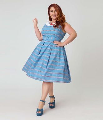Unique Vintage Plus Size 1960s Dancing Doll Swing Dress in Blue Gingham at Nordstrom, Size 2X