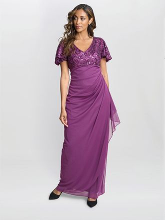 Gina Bacconi Womens Kaitlyn Embroidered Sequin Flutter Sleeve Cascade Dress - Purple - Size 10 UK