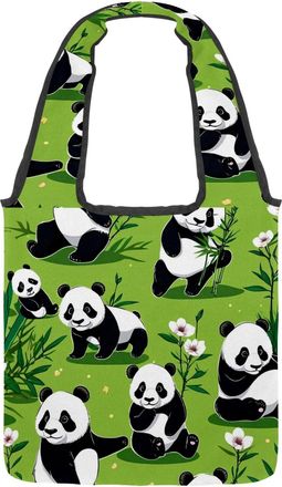 Generic Cute Panda on Green Reversible Canvas Shoulder Tote - Double-Sided Print, 12oz Cotton, 27cm Drop, Fold-Flat Bag for Travel, Shopping, Street Outings