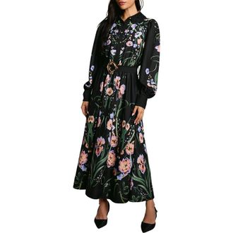 Coast Lace Trim Printed Shirt Dress in Black at Nordstrom, Size 12