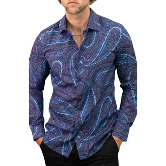 Lords of Harlech Norman Button-Up Shirt in Caserta Paisley Navy at Nordstrom, Size X-Large L