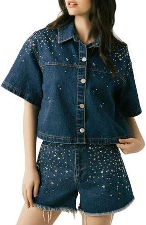 Blank NYC Stud Detail Elbow Sleeve Denim Button-Up Shirt in Silver Dreams at Nordstrom Rack, Size X-Small
