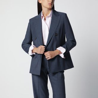 Max Mara Double-Breasted Jacket in Denim Blue Wool Canvas