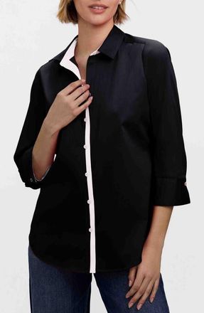 Foxcroft Charlie Contrast Trim Cotton Blend Button-Up Shirt in Black at Nordstrom, Size 16