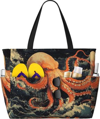 Generic Ocean Octopus Print Large Beach Bag Foldable Travel Shoulder Tote Bag With Pocket For Weekender Pool Vacation