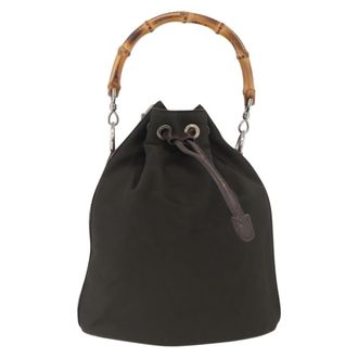 Gucci Vintage Bamboo Bucket Bag Nylon And Leather Khaki Nylon Handbag (Pre-Owned)